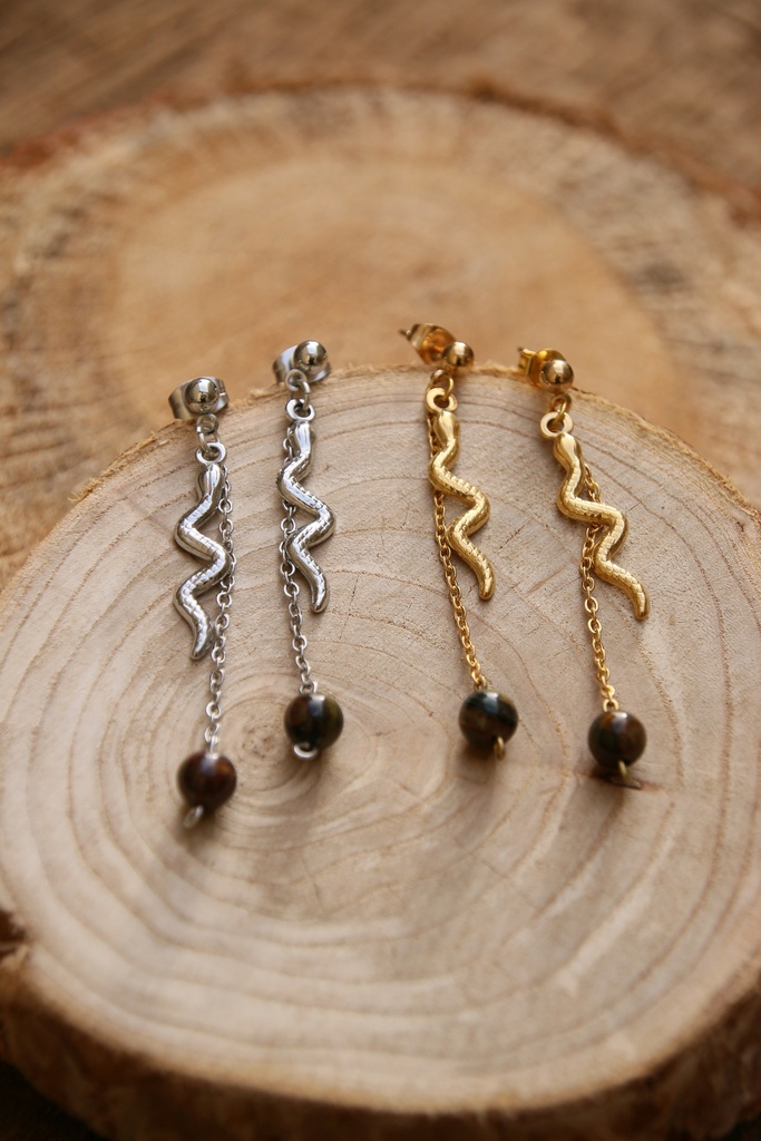 Boucle d'oreille mi long- serpent et œil de tigre