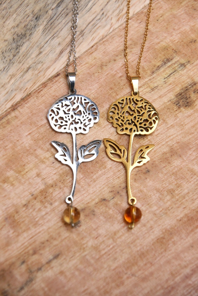 Collier mi long- Citrine et Chrysanthème- Novembre (Doré)