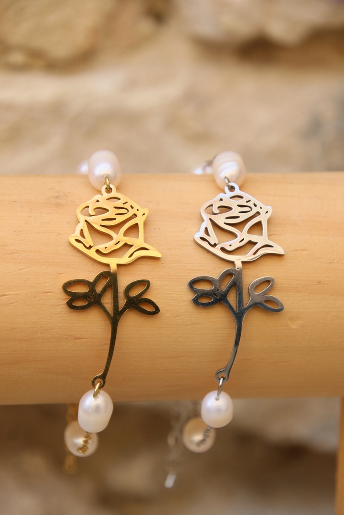 Bracelet- Perle et Rose (Doré)