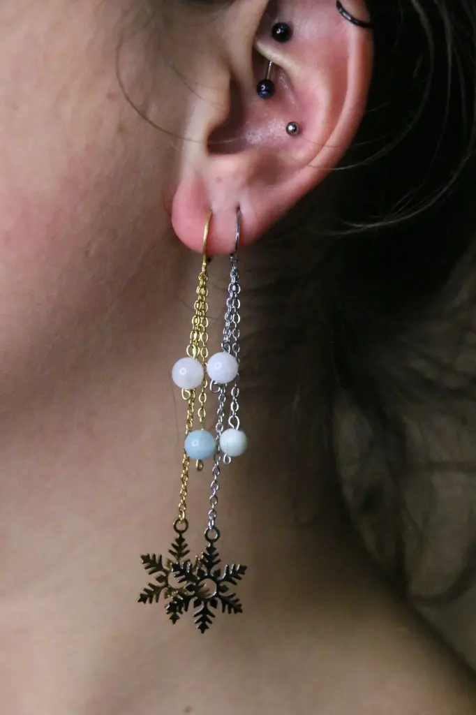 Boucle d'oreille longue- Amazonite et pierre de lune- Glace (doré)