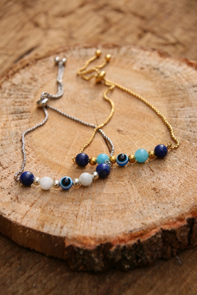 Bracelet - Lapis lazuli et aigue marine - Œil grec (Doré)