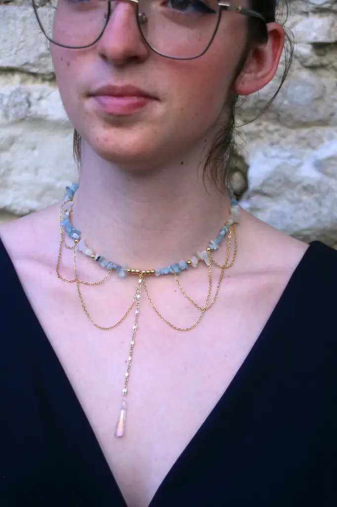 Collier mi-long - amazonite, pierre de lune et cristal - Pagos (doré)