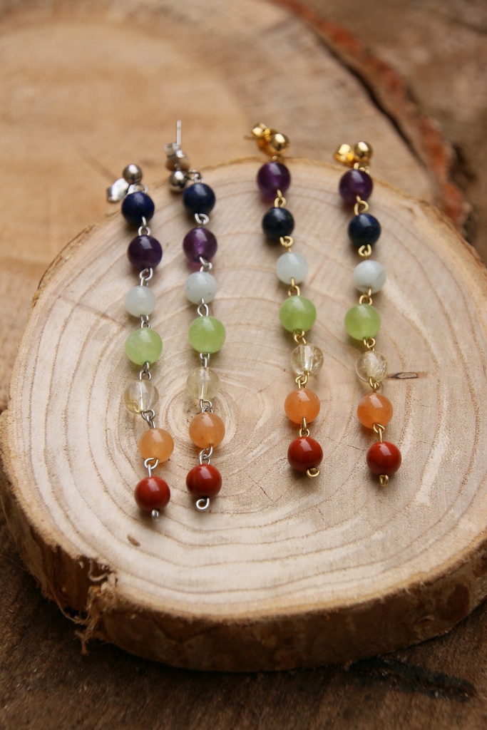 Boucle d'oreille longue - améthyste, lapis lazuli, aigue marine, péridot, citrine, cornaline et jaspe -Rig (Doré)