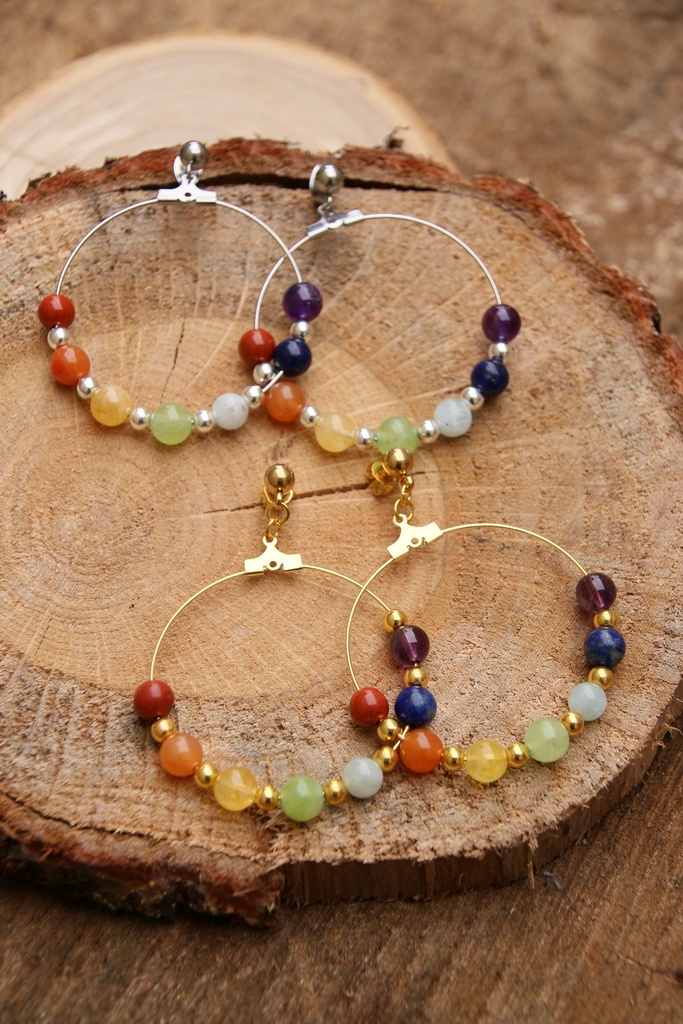 Boucle d'oreille créole- améthyste, lapis lazuli, aigue marine, péridot, citrine, cornaline et jaspe - Sama (Doré)