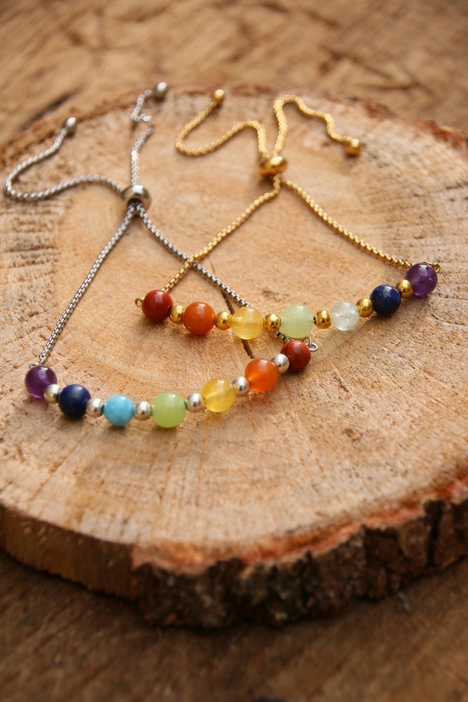 Bracelet - améthyste, lapis lazuli, aigue marine, péridot, citrine, cornaline et jaspe - Chakra (Doré)