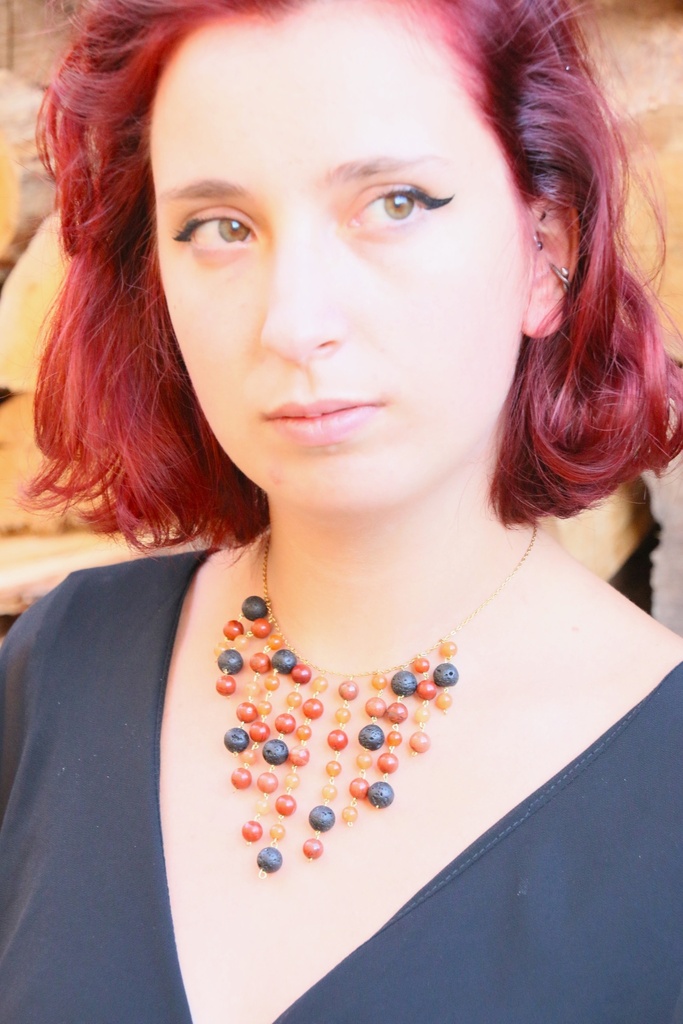 Collier long- Pierre de lave, jaspe et cornaline - Ptah (Doré)