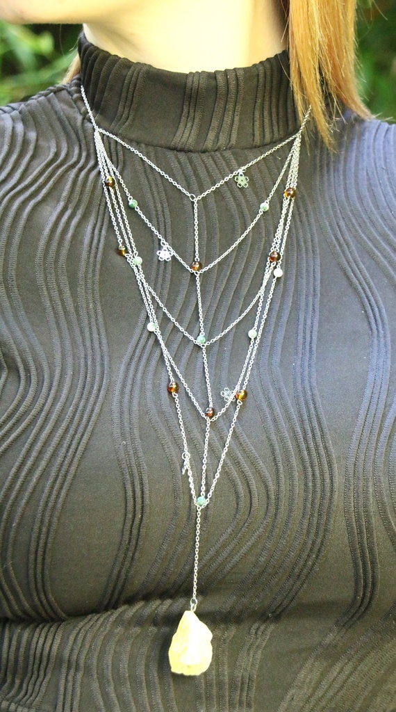 Collier long - Agate mousse, citrine et résine- Geb