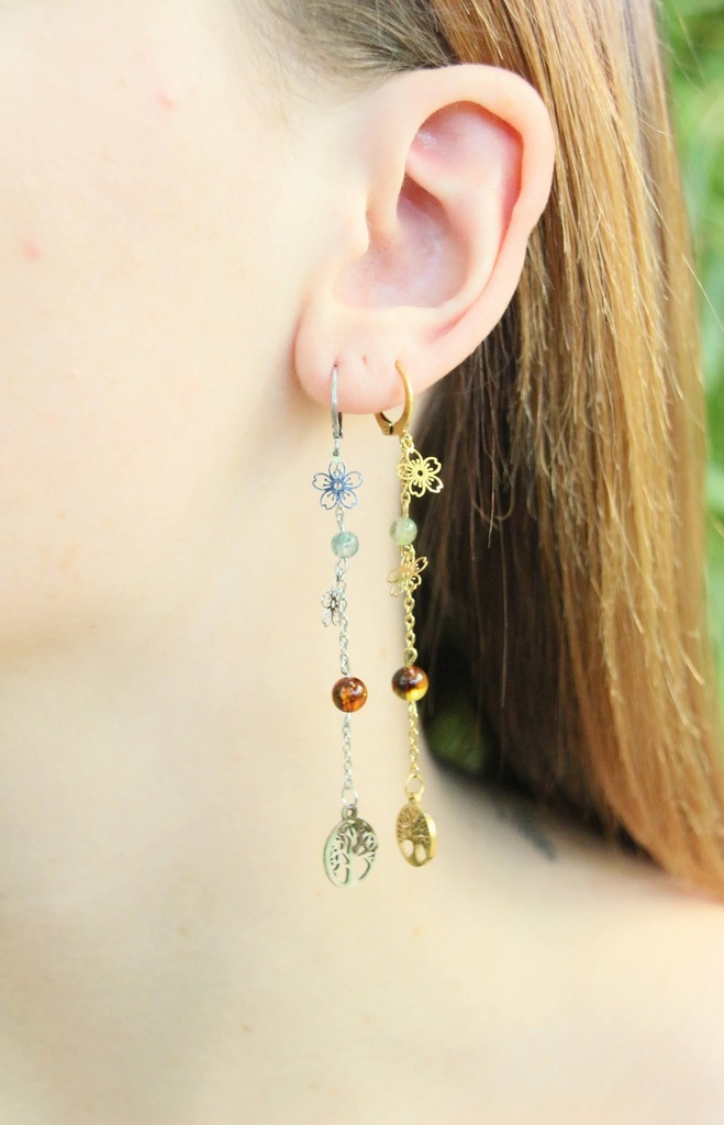 Boucle d'oreille longue - Agate mousse et résine - Flore (Doré)