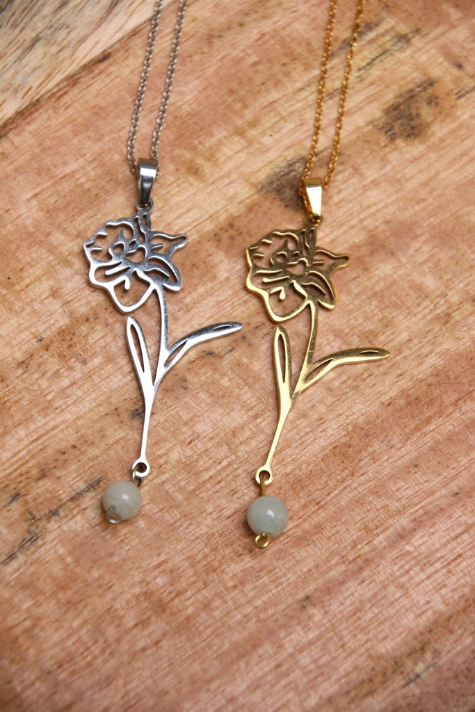 Collier- aigue marine et narcisse- Mars (Doré)