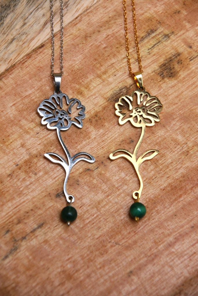 Collier mi long- Malachite et Marguerite- Avril (Doré)