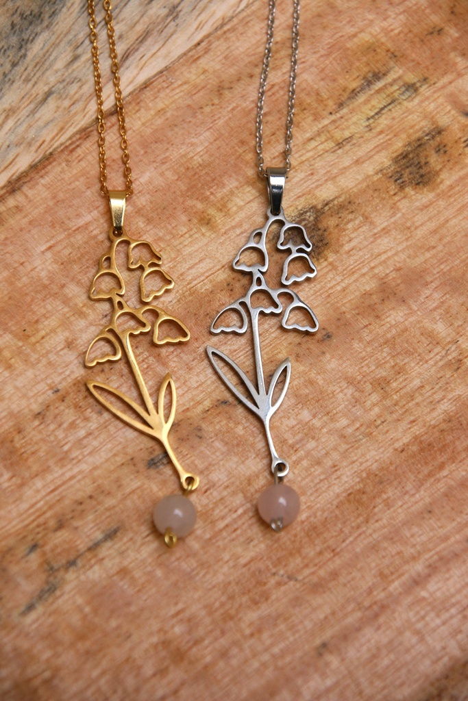 Collier mi long- Quartz rose et muguet- Mai (Doré)